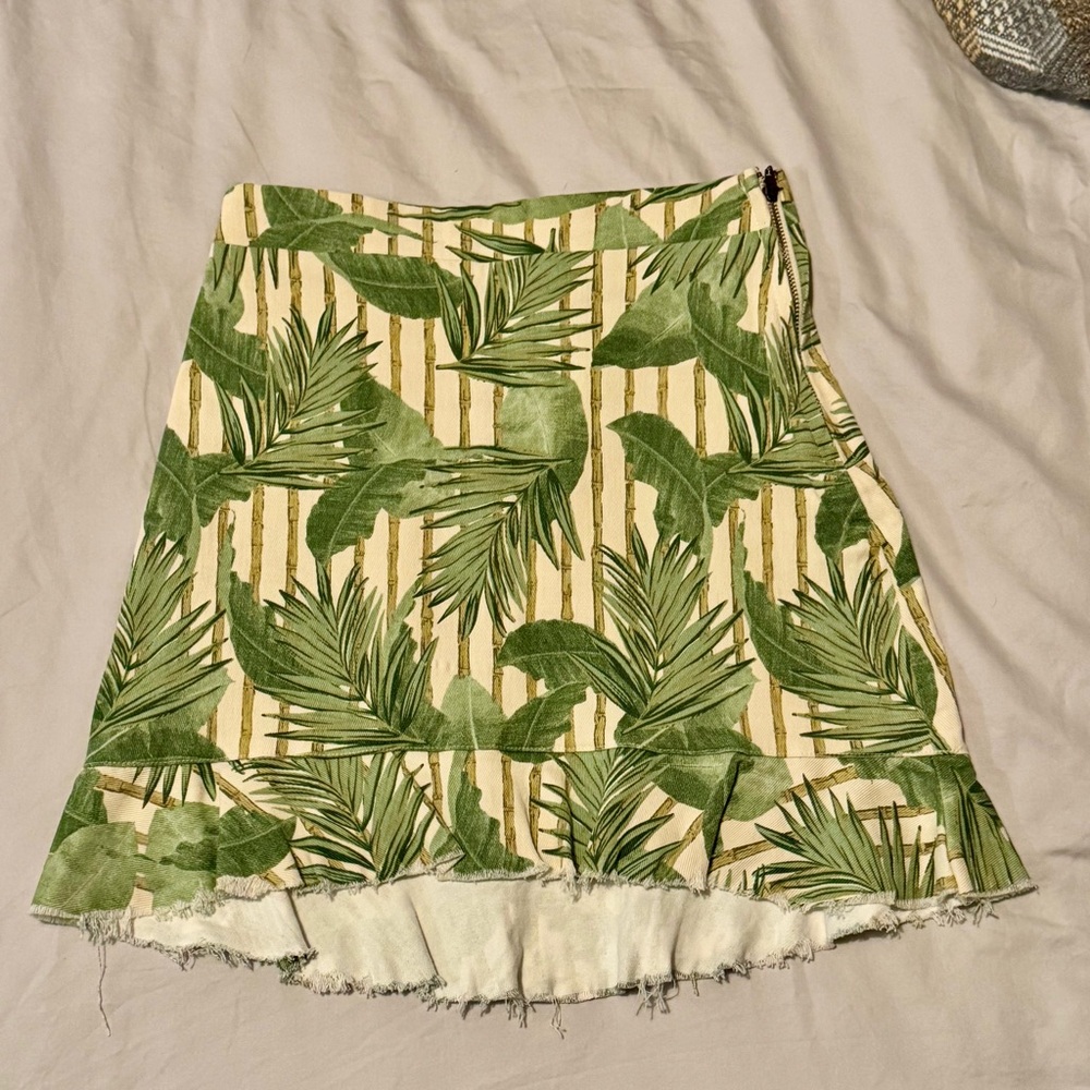 Show Me Your MuMu Kai Cream Tropical Leaf Ruffled Denim Mini Skirt